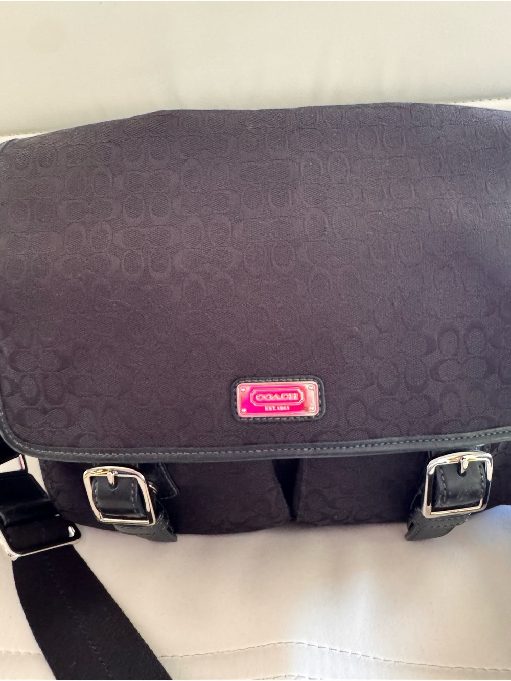 Coach Black Crossbody Messenger with Pink Logo Plaque